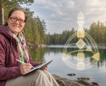 Yvonne Möller-Pfennig am See mit stilisierter Human-Design-BodyGraph-Darstellung