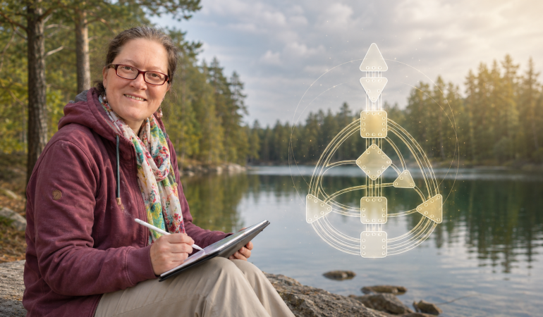 Yvonne Möller-Pfennig am See mit stilisierter Human-Design-BodyGraph-Darstellung